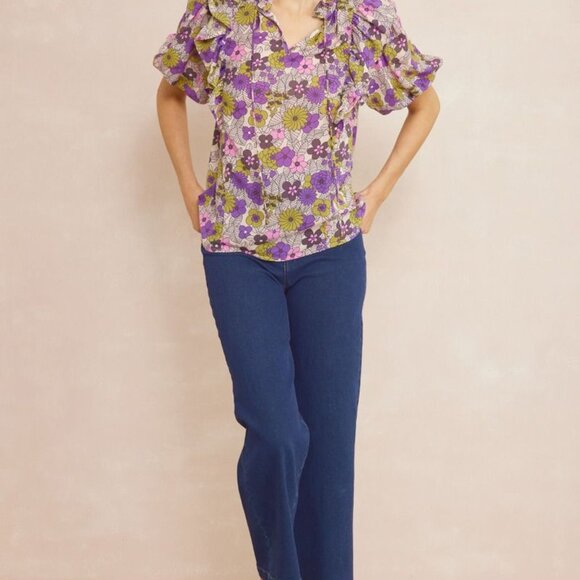 NWT Entro Floral print v-neck puff sleeve top -Size XL - Picture 4 of 5